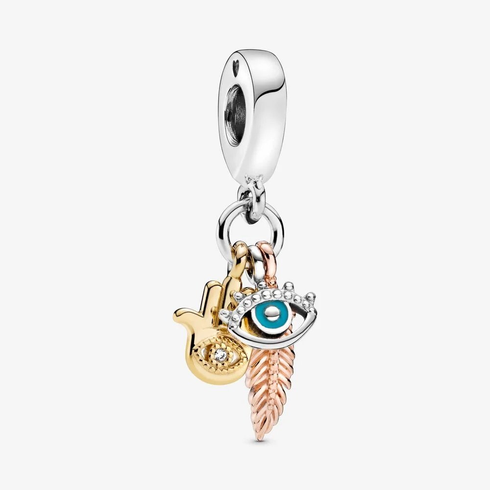 Charm Pandora pendente Spiritualità con mano di Fatima, occhio onniveggente e piuma - 768785C01 - Simmi gioiellerie -Charm