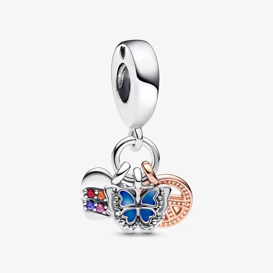 Charm pendente bicolore triplo Cuore Arcobaleno, Farfalla e Pace - 782572C01 - Simmi Gioiellerie -Charm