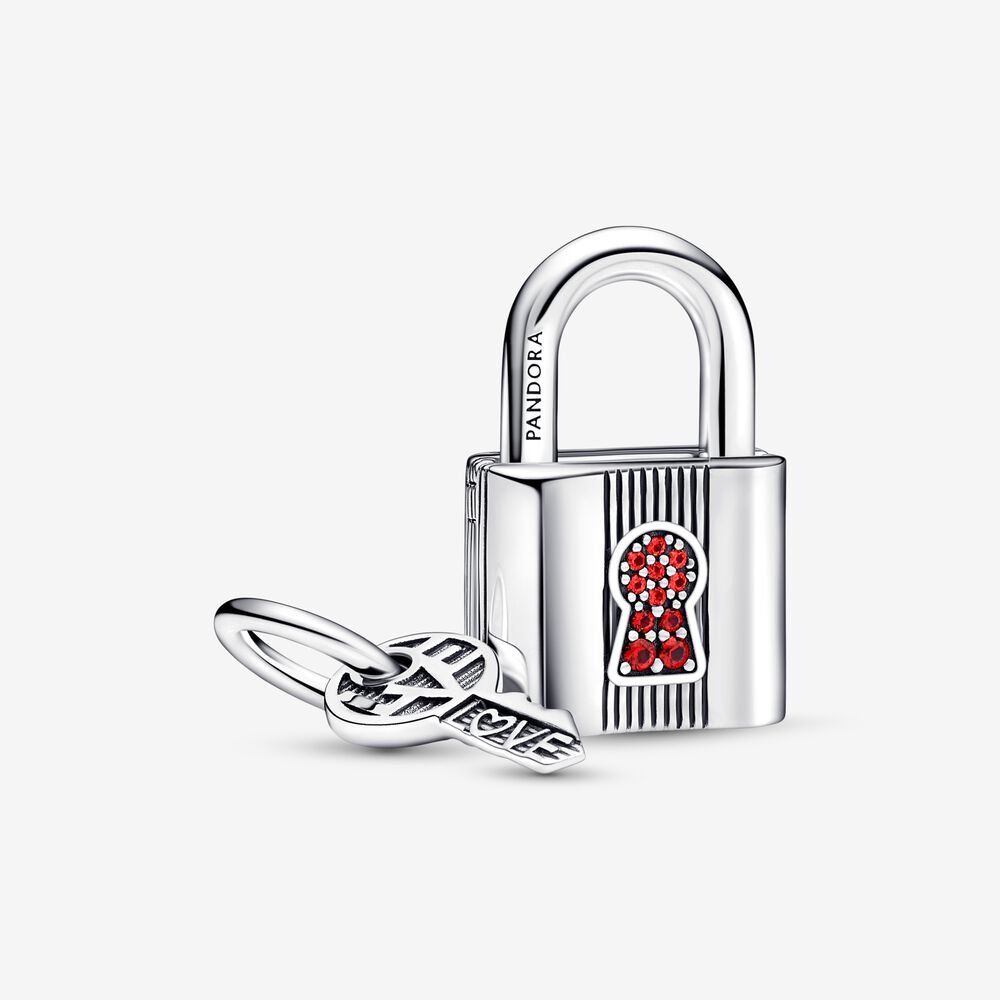 Charm Pendente Lucchetto e Chiave dell’Amore con Pietre Rosse - 790088C02 - Simmi Gioiellerie -Charm