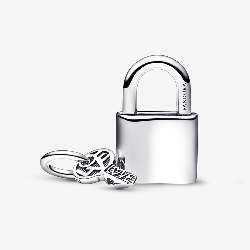 Charm Pendente Lucchetto e Chiave dell’Amore con Pietre Rosse - 790088C02 - Simmi Gioiellerie -Charm