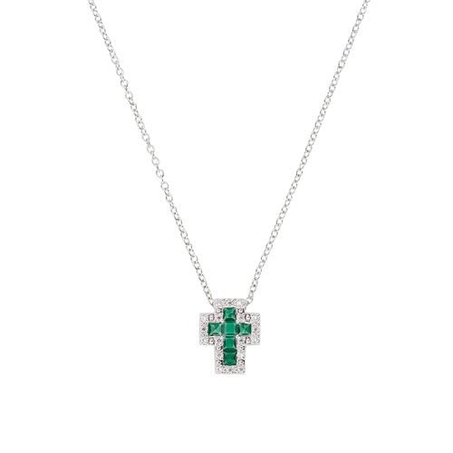 Collana mini Doppia Croce con Zirconi Bianchi e Verde - CLCRREBBVZ3 - Simmi Gioiellerie -Collane