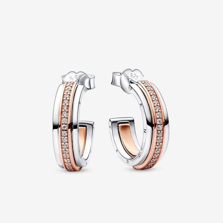 Orecchini Cerchio Aperto Bicolore Logo e Pavè - 282737C01 - Simmi Gioiellerie -Orecchini